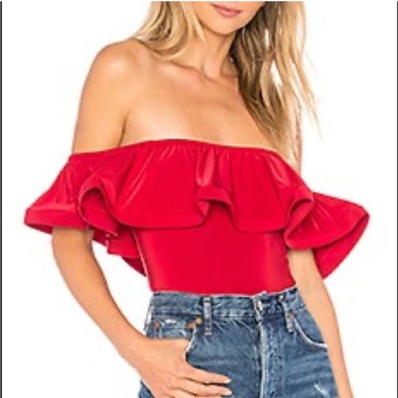 Misa Los Angeles Corcica Ruffle Bodysuit Off Shoulder Red XS Coquette Girly - Picture 2 of 11